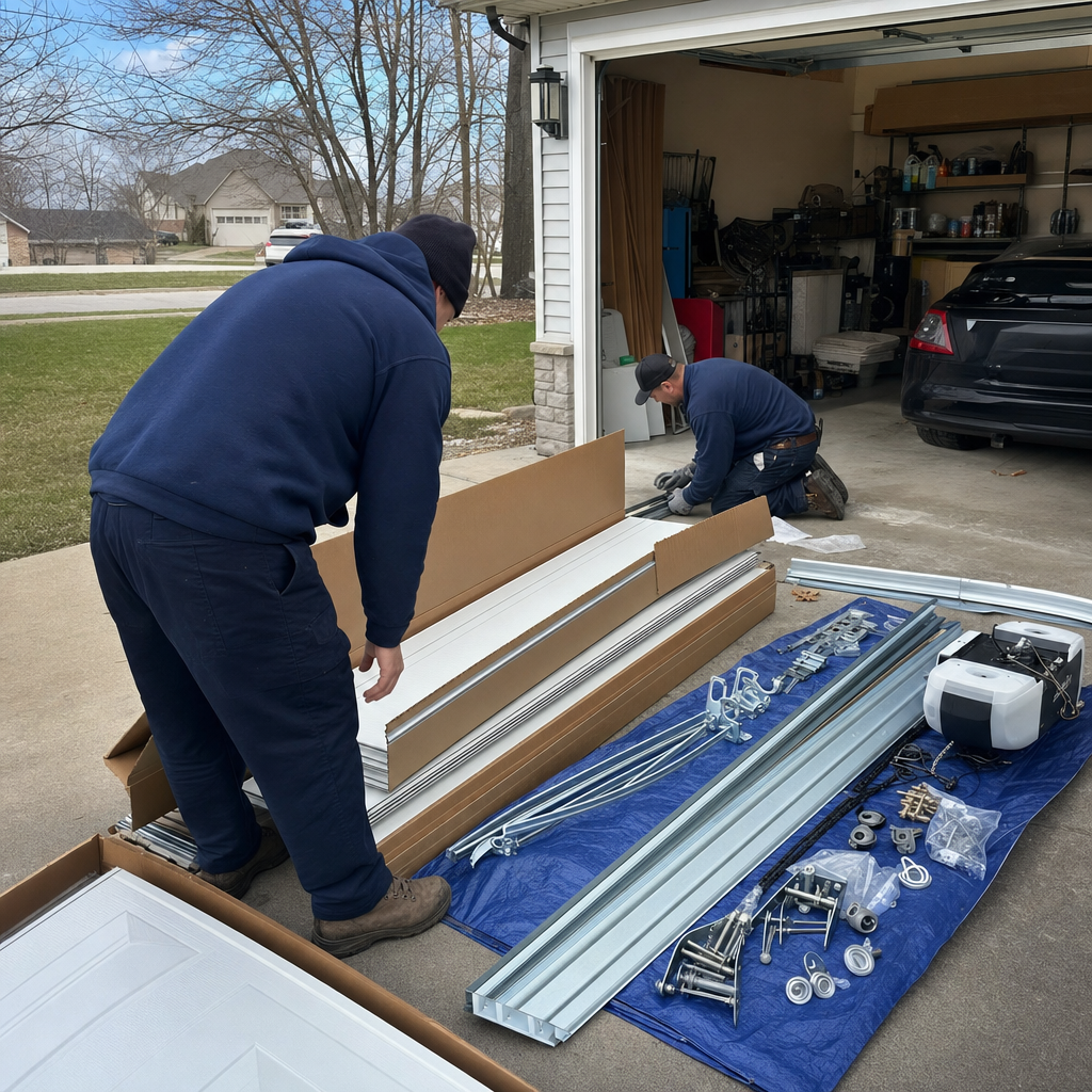 Two professional technicians performing a new residential garage door installation