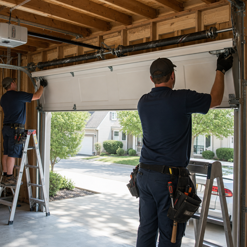 Two professional technicians installing a new residential garage door