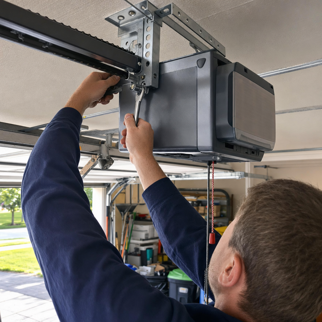 Technician performing professional garage door opener maintenance and repair