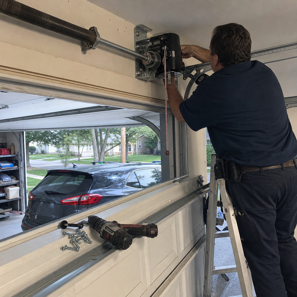 Technician installing a professional wall-mount garage door opener