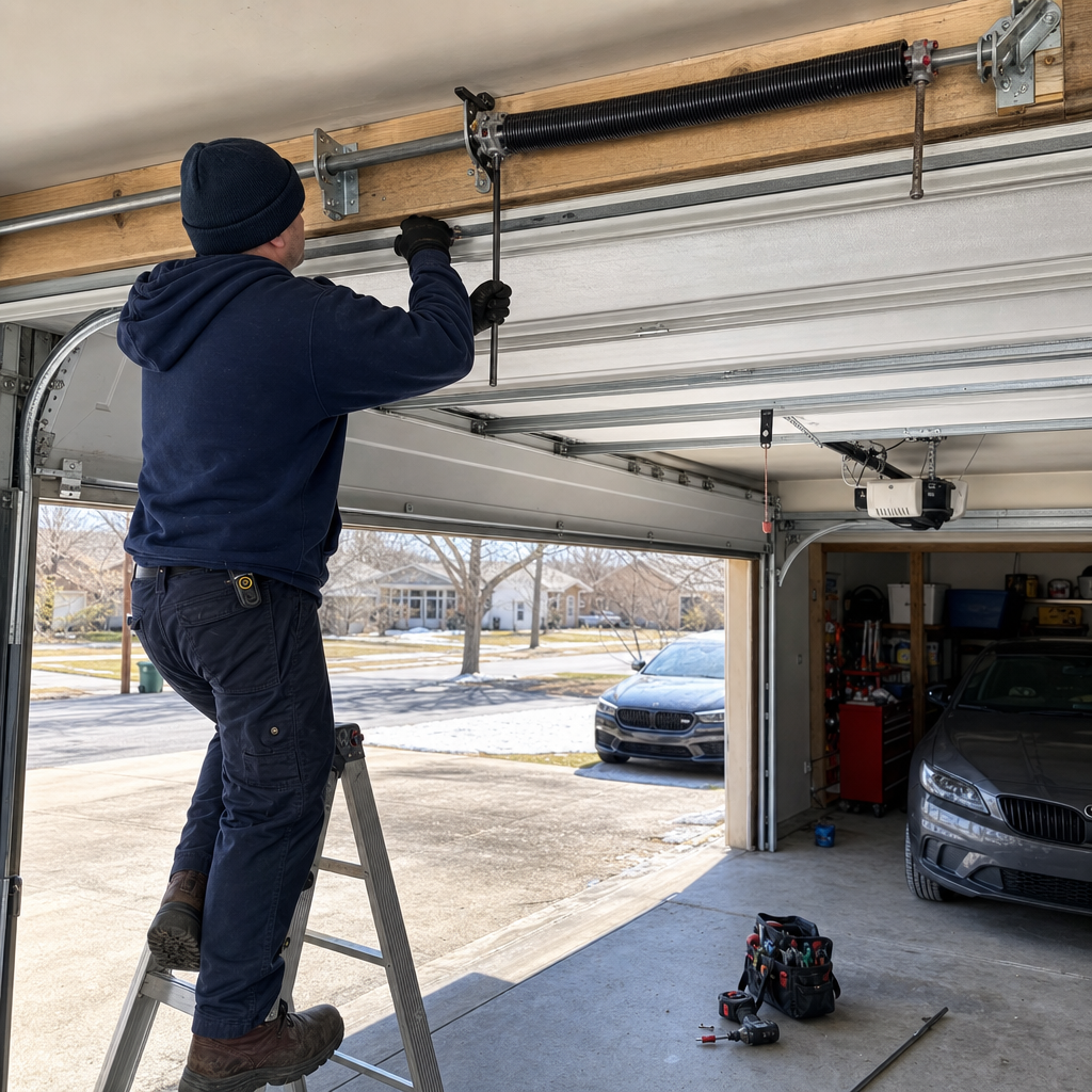 Technician performing professional garage door torsion spring repair