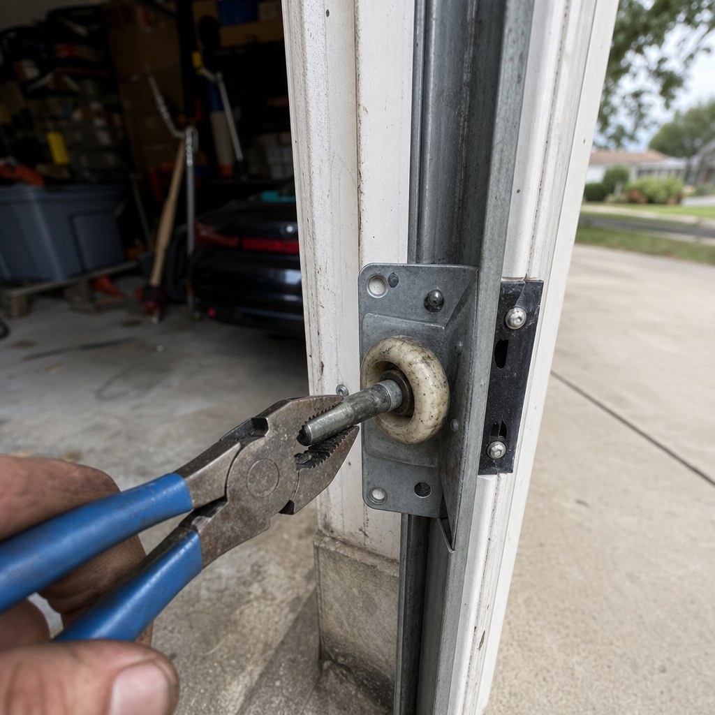 Technician repairing garage door roller and track assembly