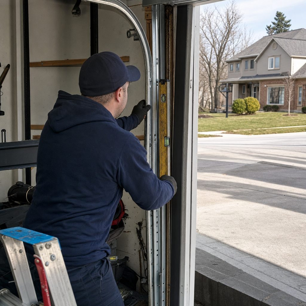 Garage door technician inspecting a track with a level for repairs