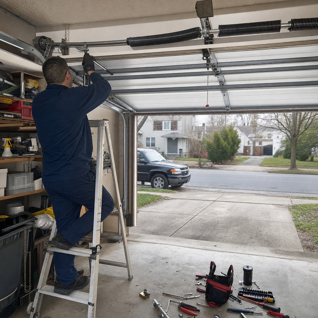 Technician performing emergency garage door spring repair on a ladder in Berea, OH