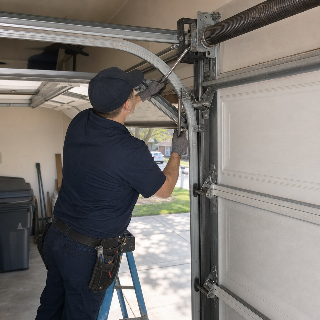 Technician performing emergency garage door spring repair and maintenance in Garfield Heights, OH