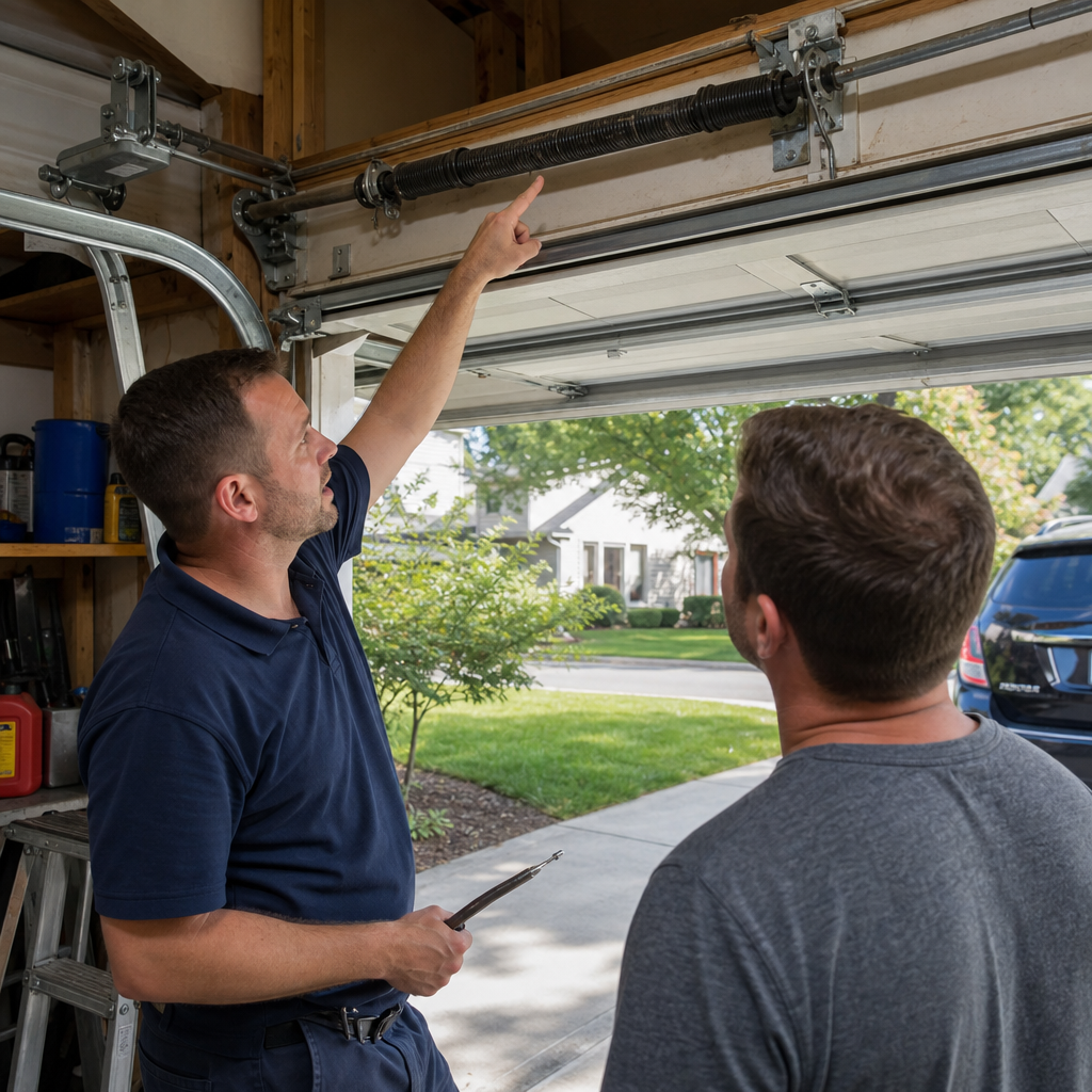 Technician pointing at a garage door torsion spring for a customer in Cleveland, OH