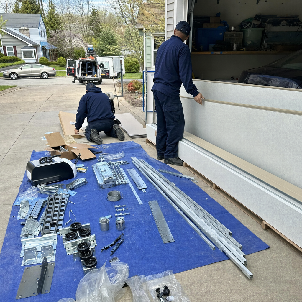 Two technicians installing a new garage door on a driveway in Elyria, OH