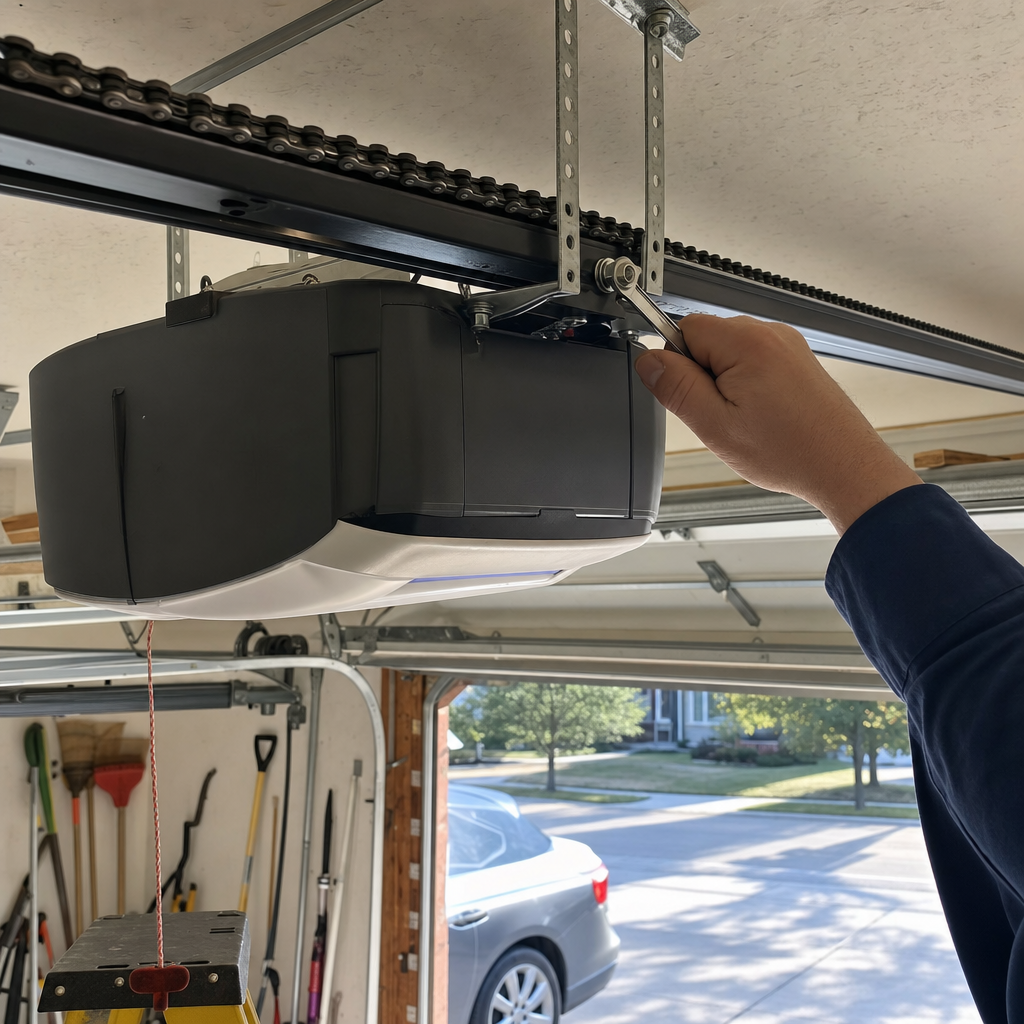 Technician using a wrench to repair a garage door opener motor in Independence, OH