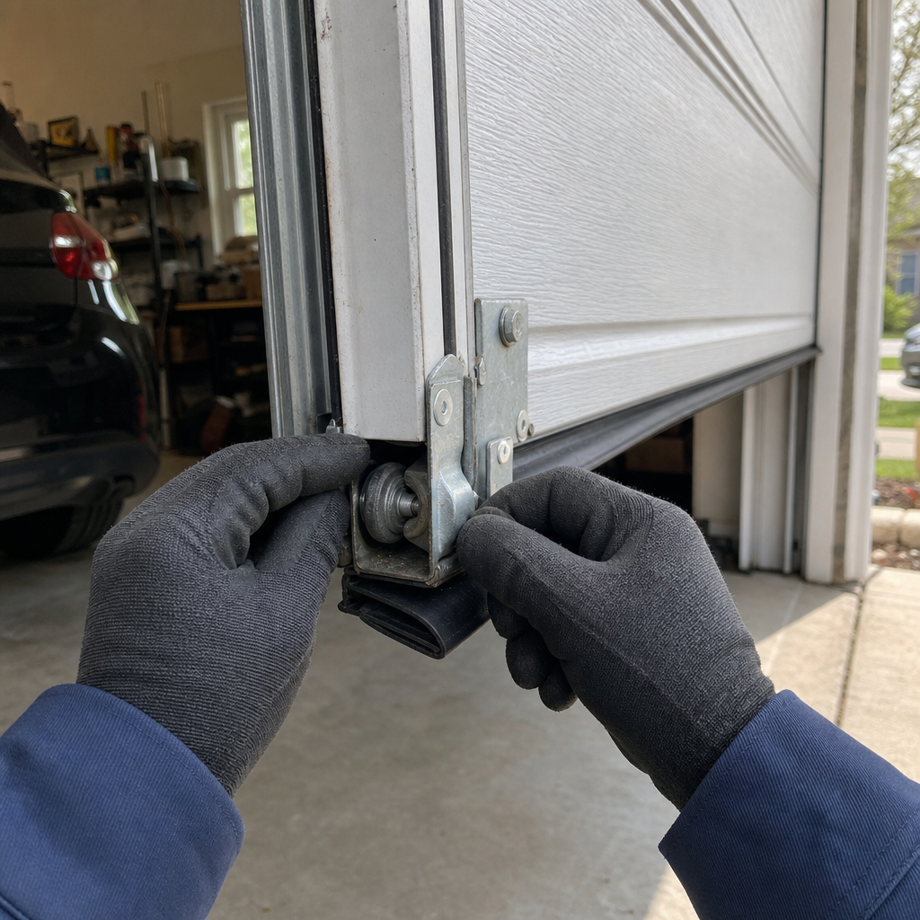 Technician performing garage door roller maintenance and hardware inspection in Lorain, OH