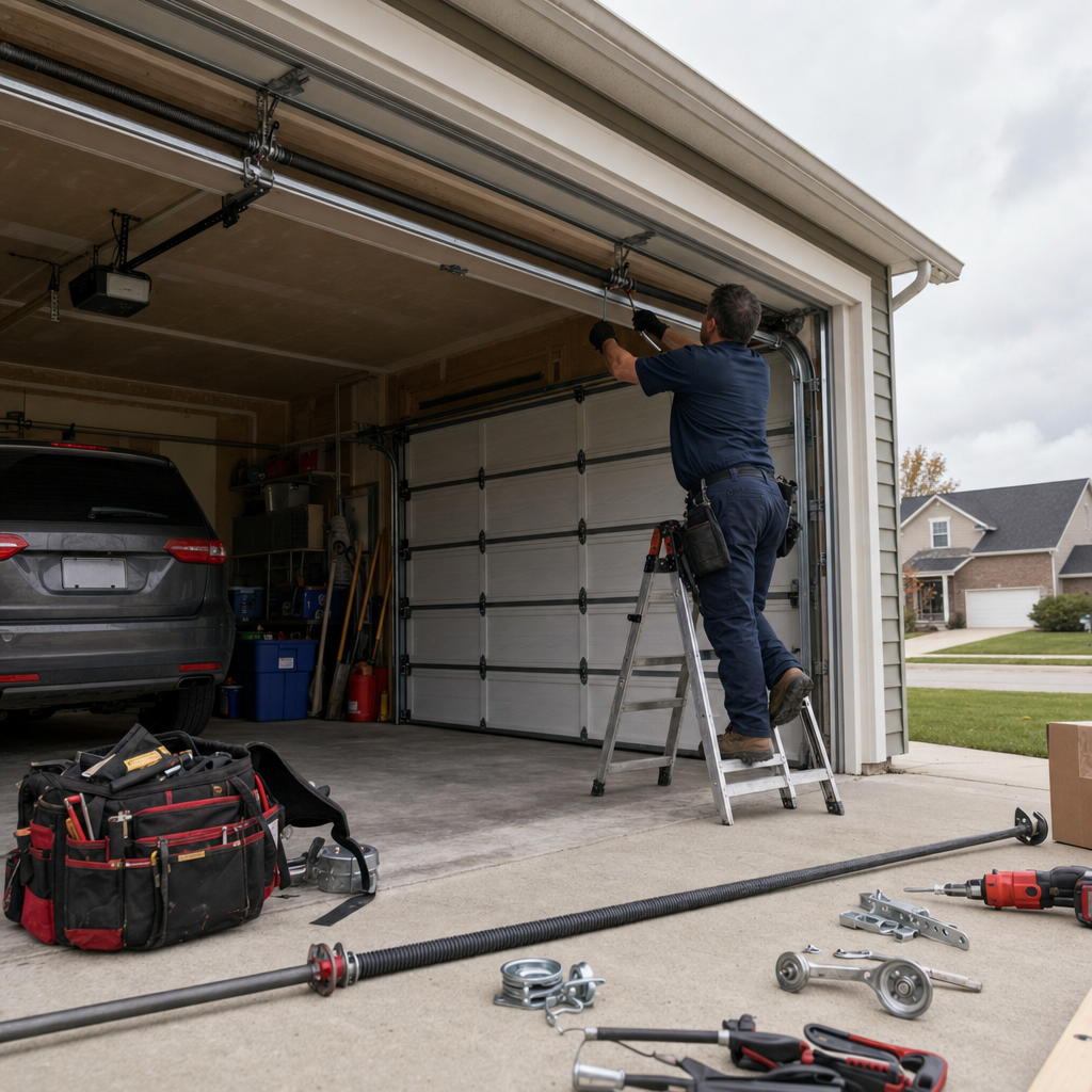 Professional technician repairing garage door components with specialized tools. in Amherst, OH