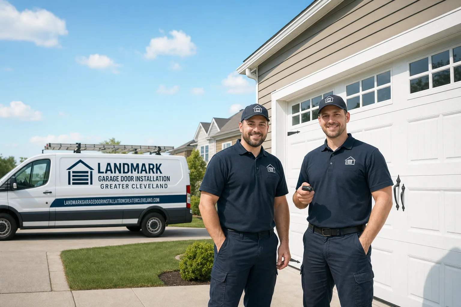 Landmark Garage Door Installation Greater Cleveland service vehicle and crew in Cleveland, OH